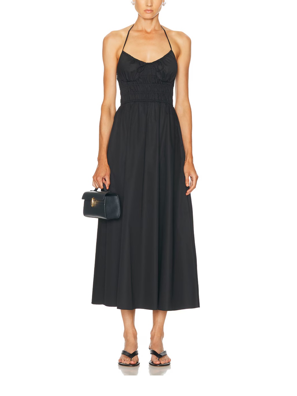 Solid & Striped Black Halter Smocked-Waist Midi Dress